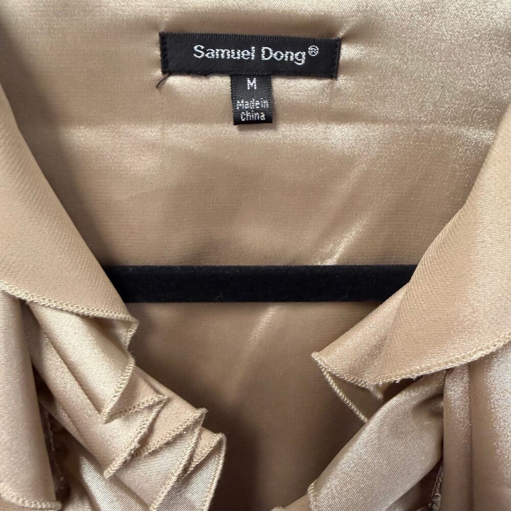 Samuel Dong Champagne Beige Ruffle Textured Satin Zip Up Top Womens Medium - Picture 5 of 7